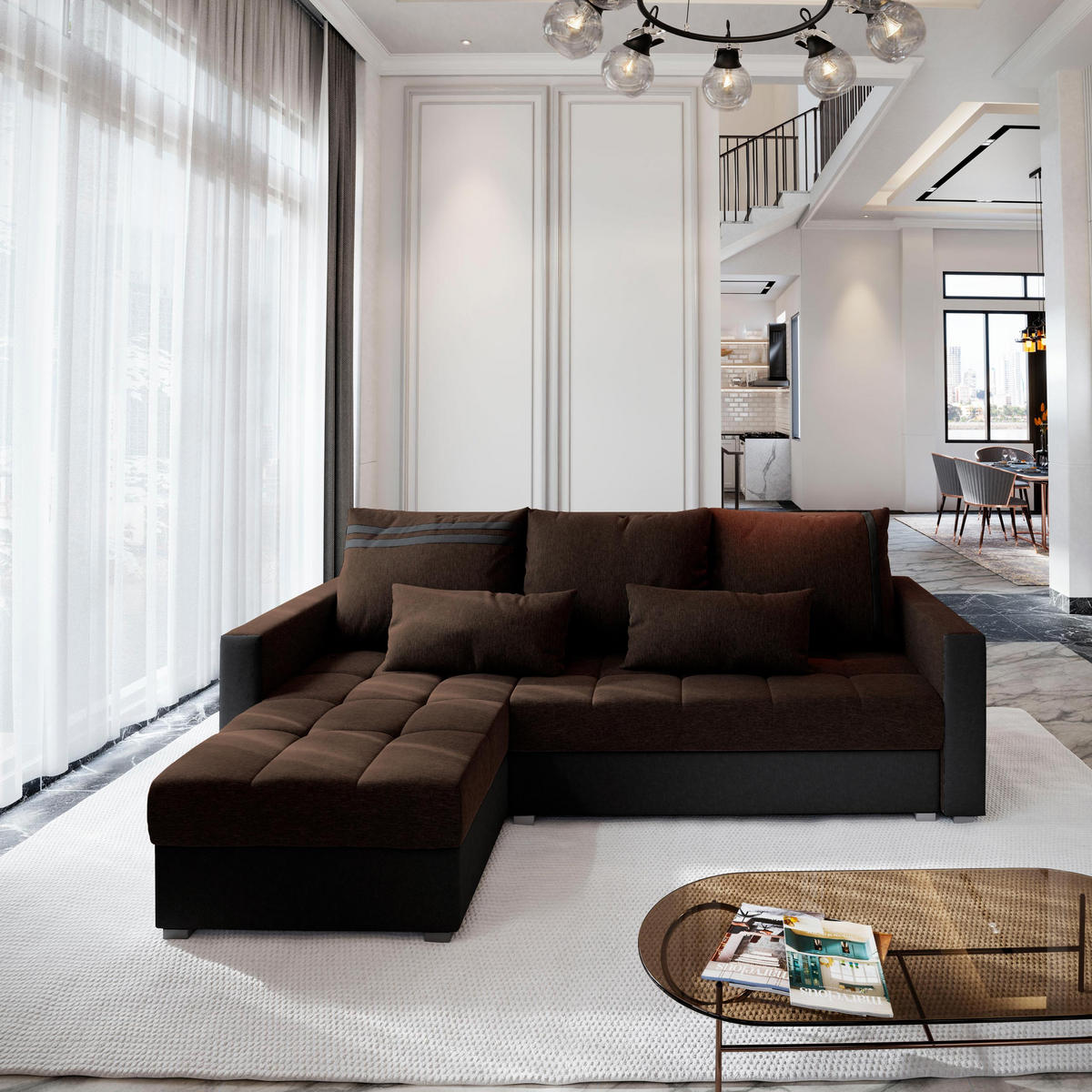 ECKSOFA KOS PIK Braun Dünner Stoff mit Schlaffunktion - Braun, Holz (220/140cm) - MASSENO
