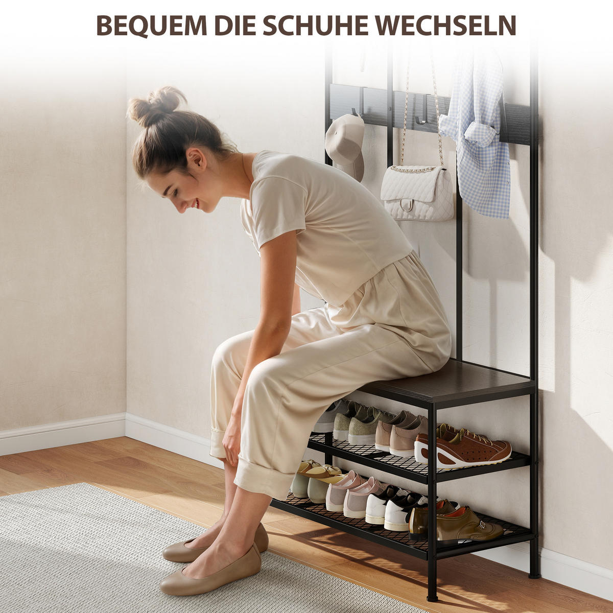 GARDEROBENSTÄNDER 3-in-1 DE-09781 mit Sitzbank und Schuhregal Schwarz - Schwarz, Metall (36/180/91cm) - ComfortXL