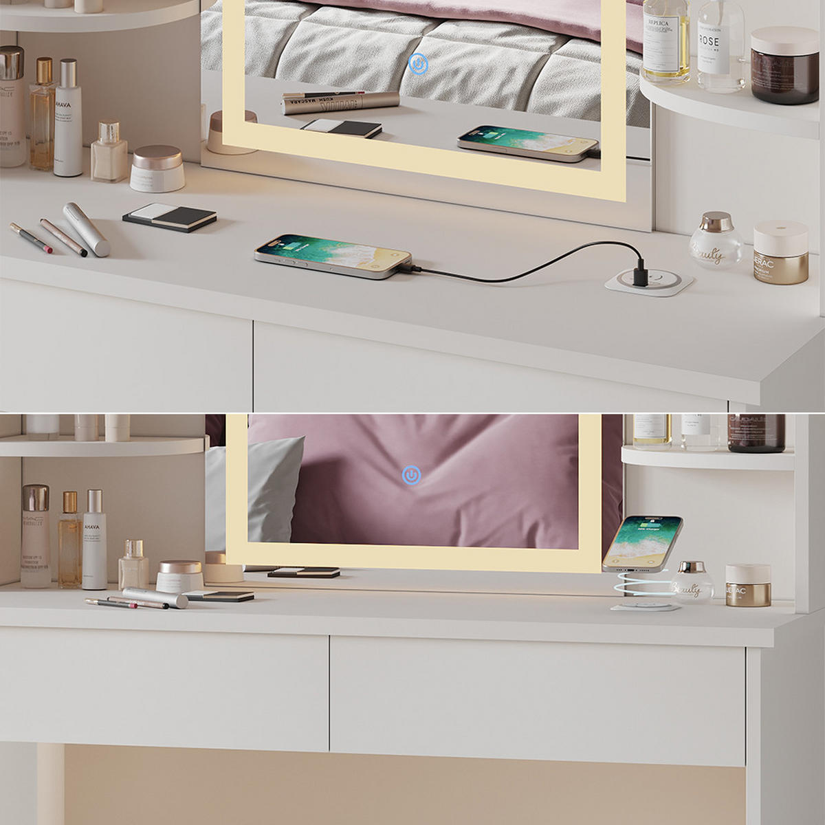 SCHMINKTISCH Charlotte Weiß 106 cm mit LED-Spiegel und QI-Ladestation - Weiß, Holzwerkstoff (106/142/40cm) - Vicco