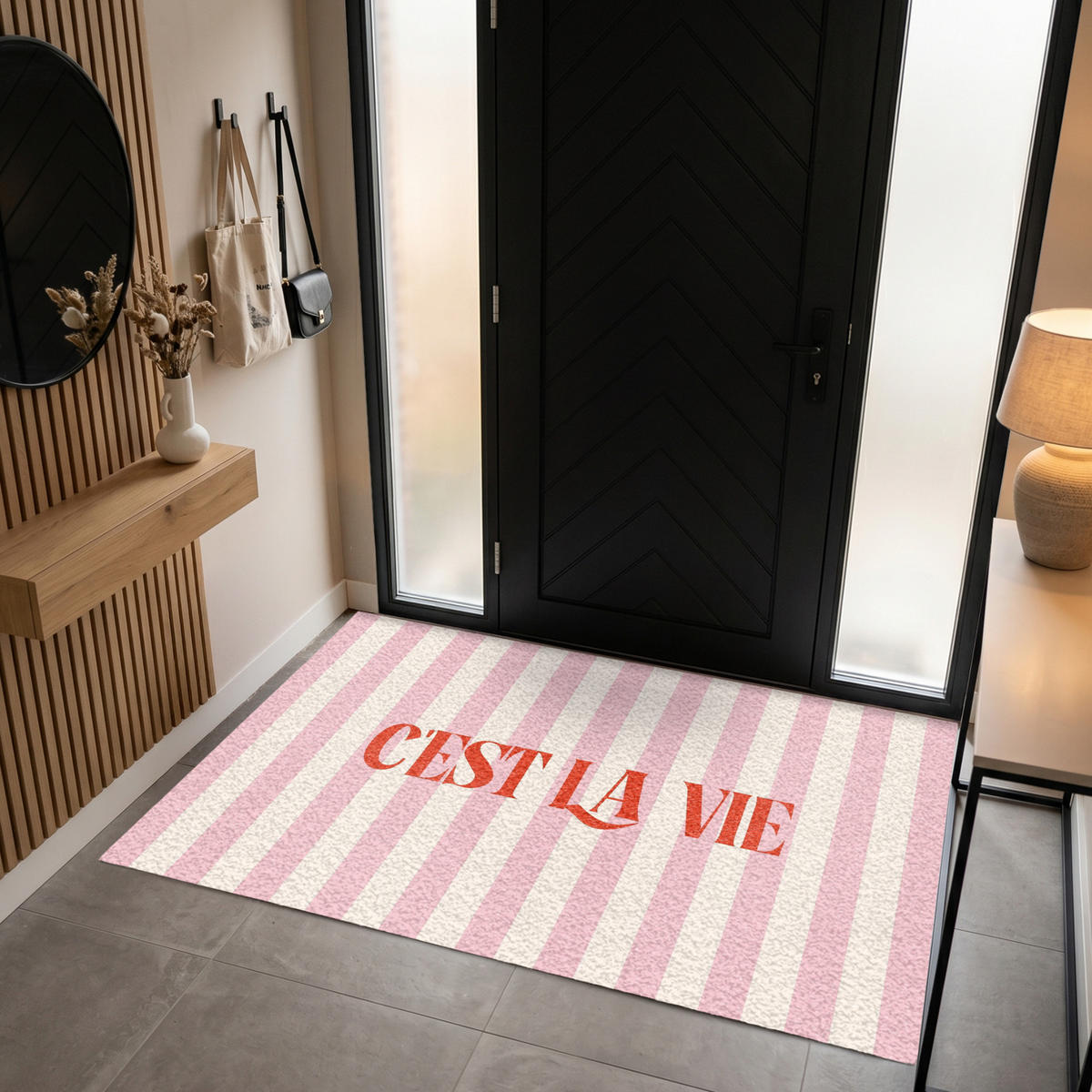 FUSSMATTE Zartrosa – Rot – Streifen – C'est La Vie 180x120 cm - Rosa, Kunststoff (180/0.4cm) - MuchoWow