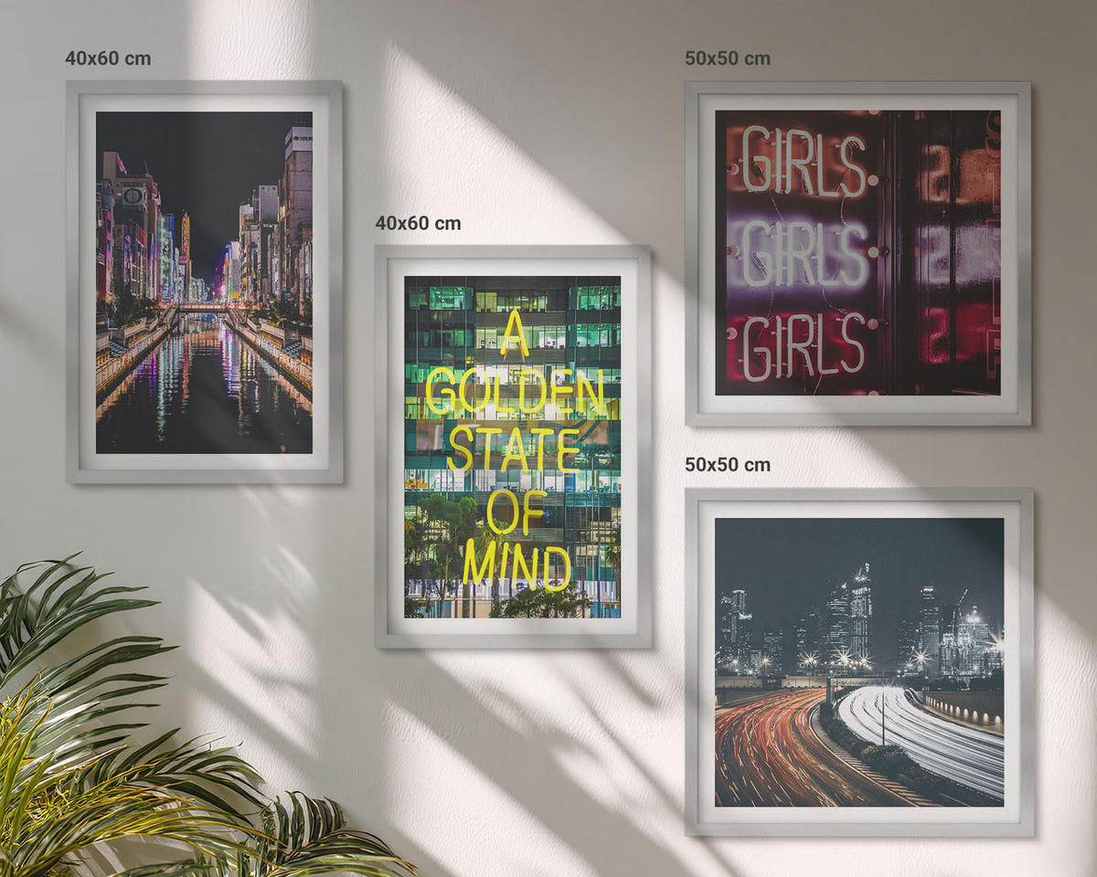 WANDBILDER 4er Set - 50x50 cm & 40x60 cm Silberner Rahmen - Neonreklamen in der Stadt bei Nacht - Silberfarben, Kunststoff (50/50cm) - ArtPrintCave