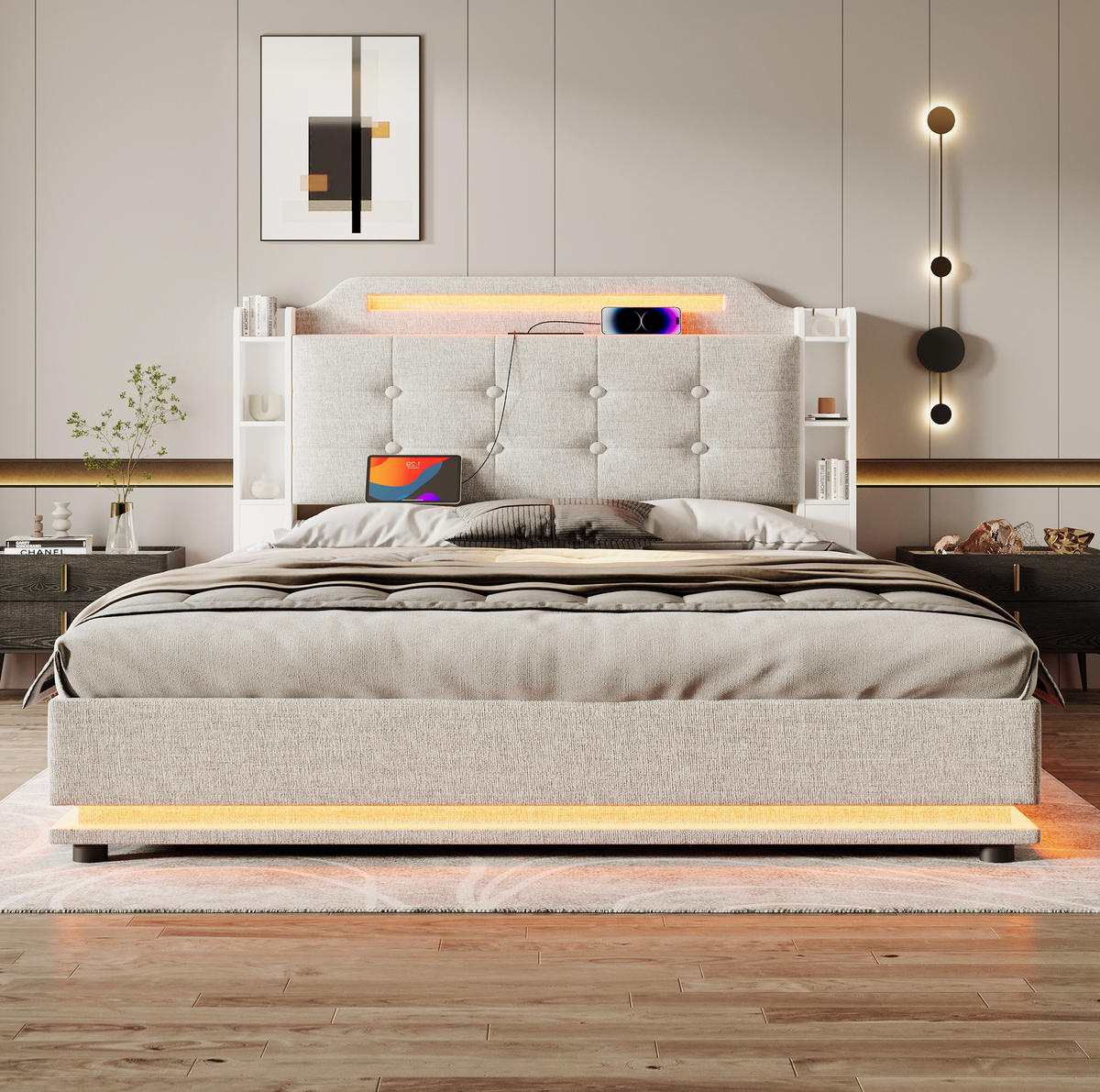 POLSTERBETT mit Bettkasten 140x200 cm Leinen Beige mit LED - Beige, Metall (140/200cm) - Meubliv