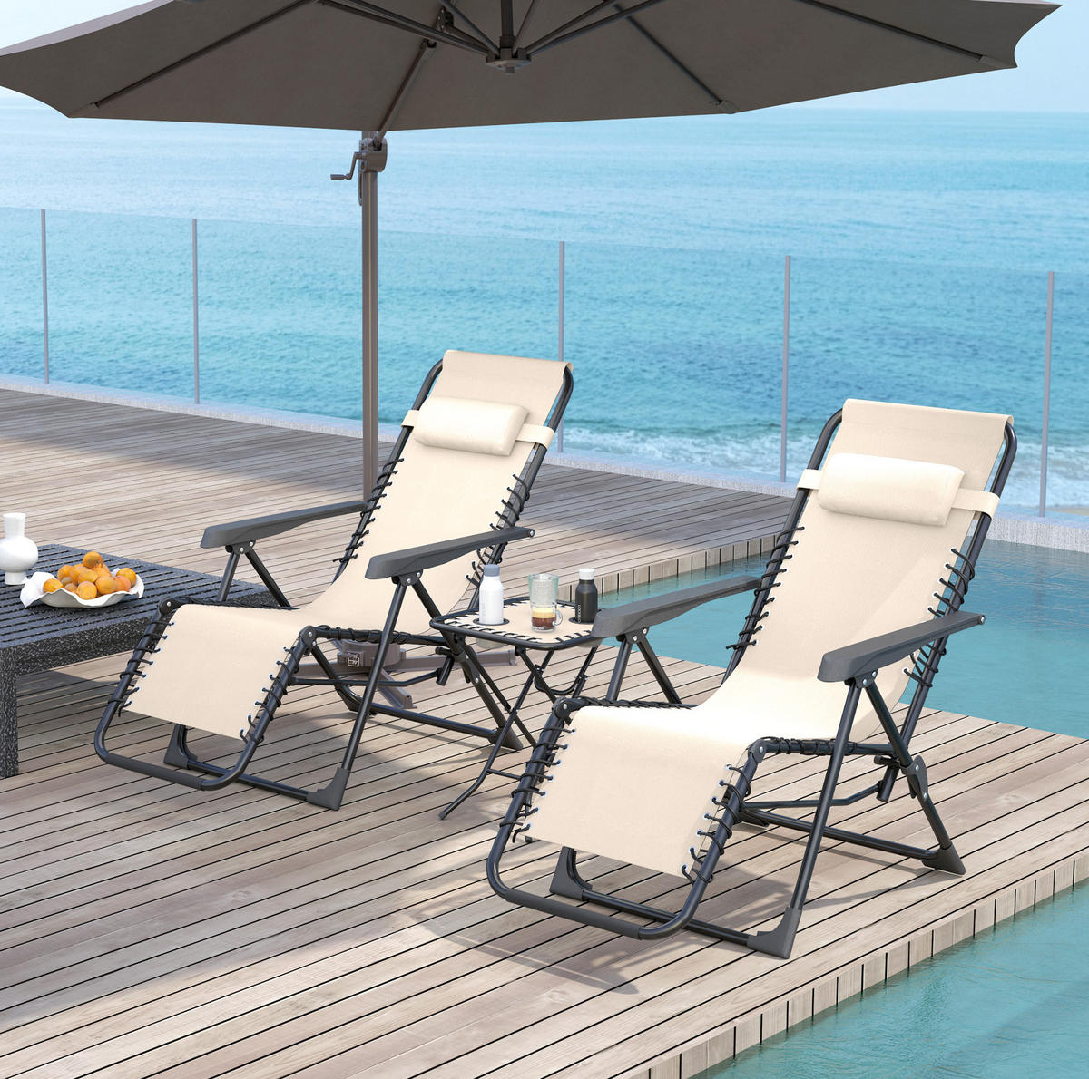 GARTENLIEGEN-SET 90/65/110 cm klappbar mit 5-fach verstellbarer Rückenlehne und Tisch, Beige - Beige, Metall - Redom