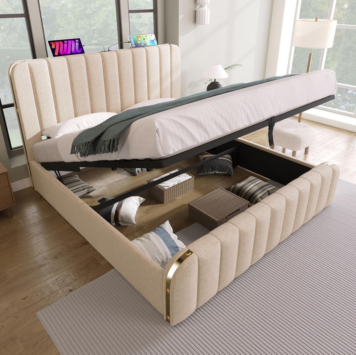 POLSTERBETT mit Stauraum und USB/Typ-C 180x200 cm Beige Leinen - Beige, Metall (180/200cm) - Meubliv