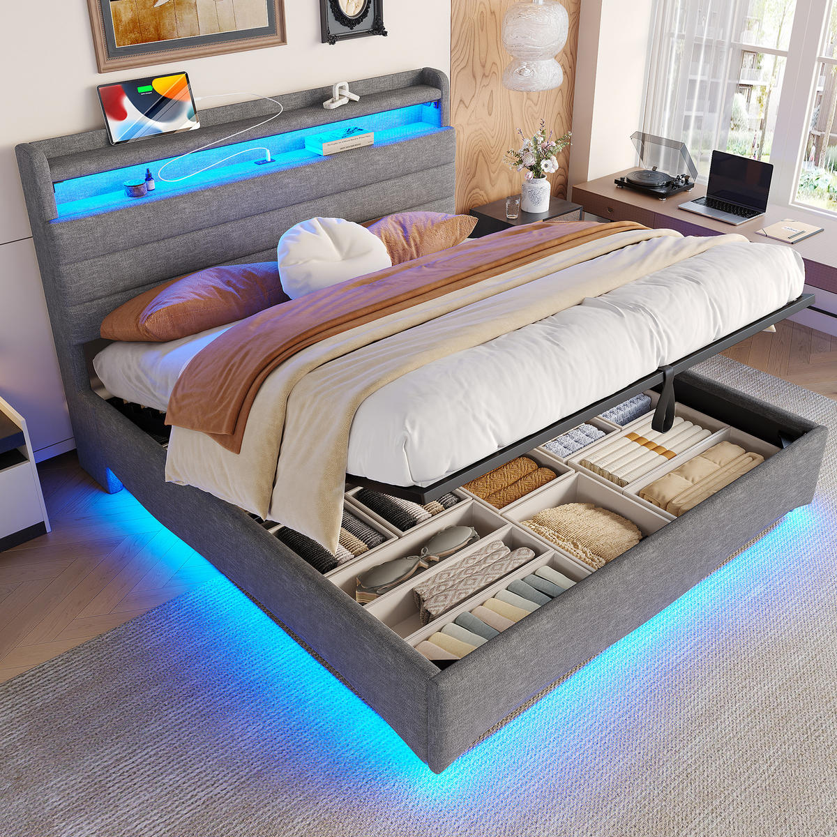 POLSTERBETT 140/200 cm beige aus Leinen mit LED und Stauraum - Beige, Textil (140/200cm) - OKWISH