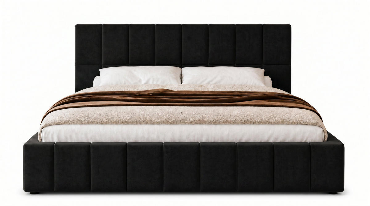 POLSTERBETT 140x200 cm, Alma, Doppelbett mit Bettkasten, Lattenrost aus Holz, Velourstoff, Schwarz - Schwarz, Holz/Textil (140/200cm) - Marpur