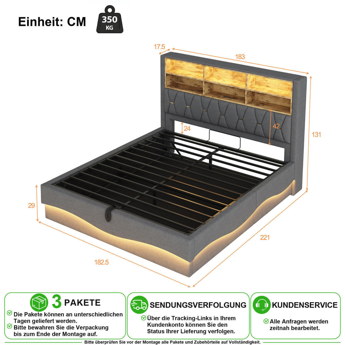 POLSTERBETT 180/200 cm in Grau Leinen mit Bettkasten, LED und USB - Grau, Holzwerkstoff/Textil (180/200cm) - CHICFURN