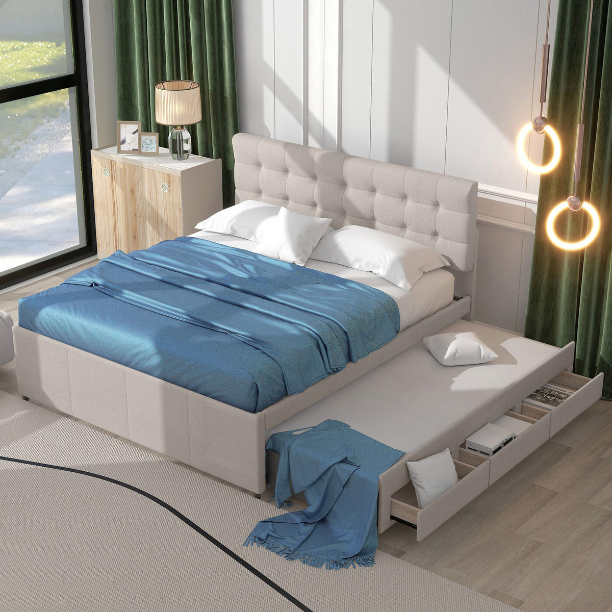 POLSTERBETT 140/200 cm in Beige mit Drei Schubladen - Beige, Holz/Textil (140/200cm) - KOMHTOM