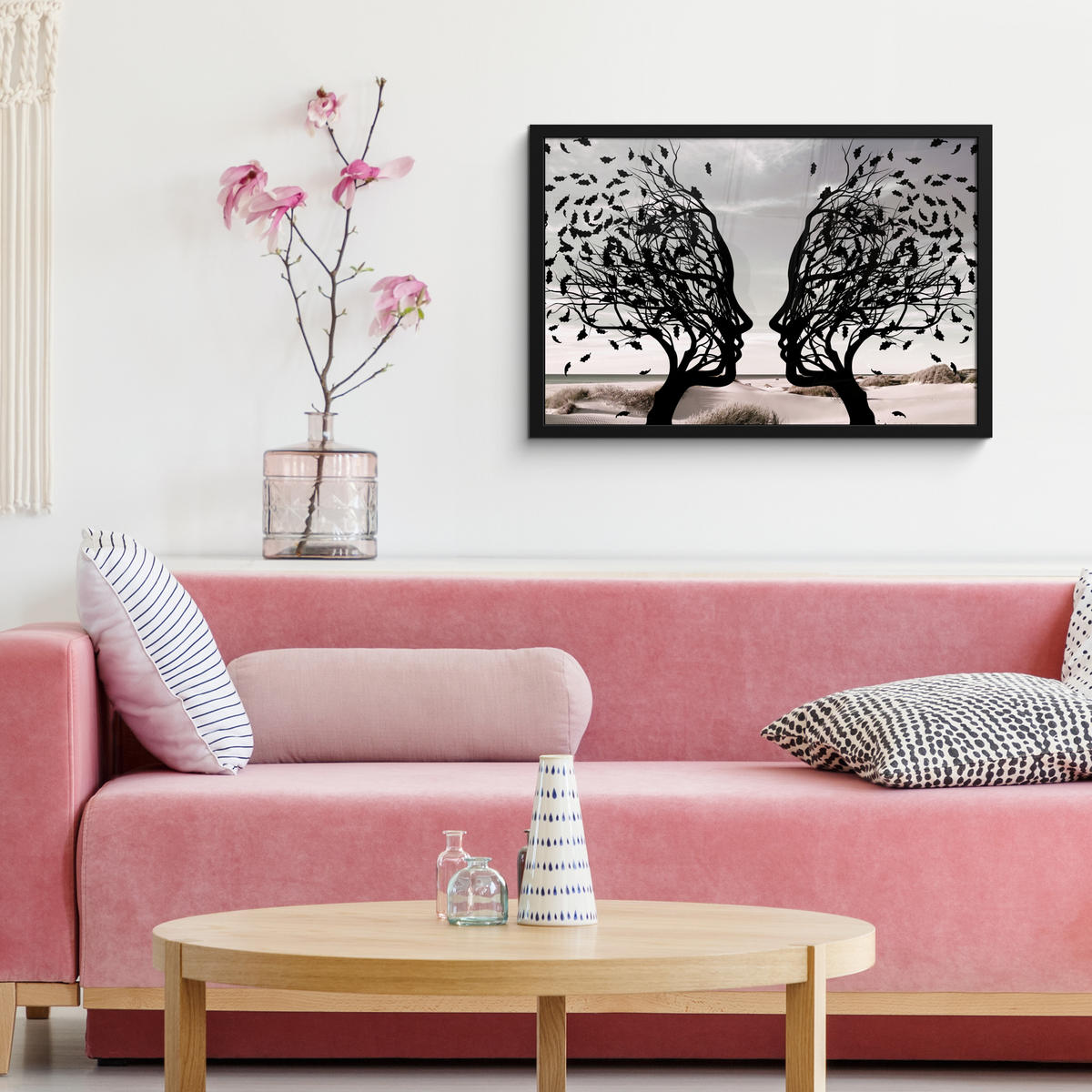 ZARÁMOVANÝ PLAGÁT Pláž - more - ľudia - strom - moderné umenie 60x40 cm - svetlosivá, papier (60/40cm) - MuchoWow