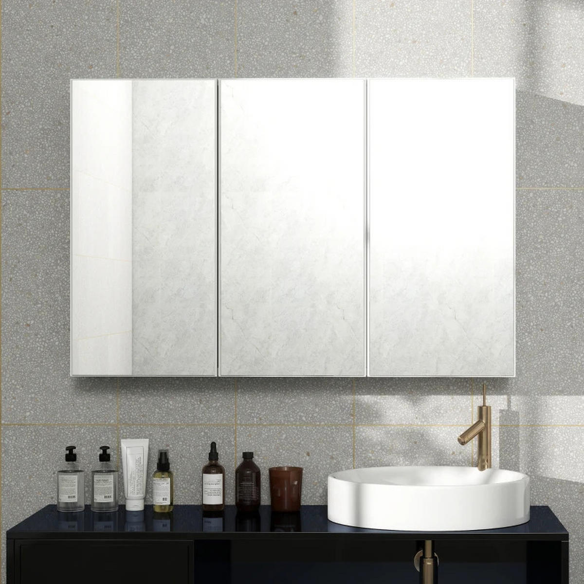 BADEZIMMER Hängeschrank 90x15.5x60 cm Weiß mit 3 Spiegeltüren & 5 Regalen - Weiß, Glas (90/60/15.5cm) - Modfu