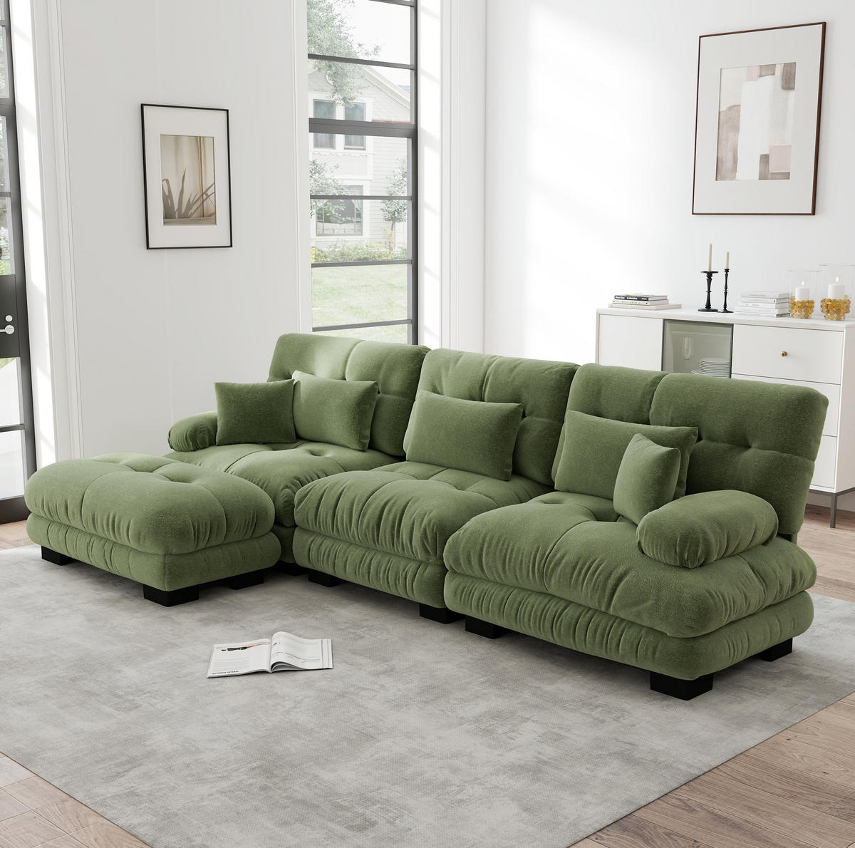 SOFA modular mit Ottomane Chenille Grün - Grün, Kunststoff (145/313.1cm) - Meubliv