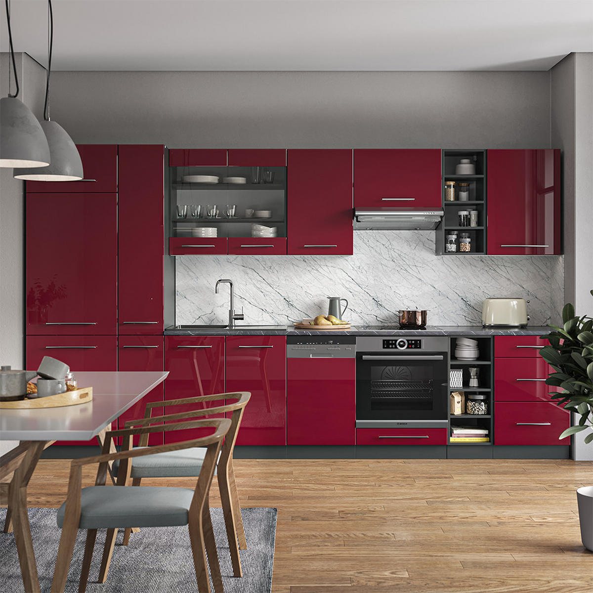 KÜCHENZEILE Fame-Line Bordeaux Hochglanz/Anthrazit 355 cm, AP Eiche - Bordeaux/Anthrazit, Holzwerkstoff (355/81.6/60cm) - Vicco