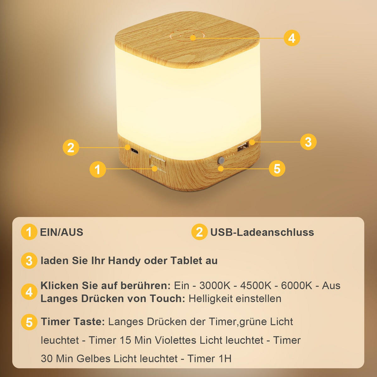LED stolní lampa Ache 9,8/9,8/11,5 cm - hnědá, plast (9.8/9.8/11.5cm) - Nettlife