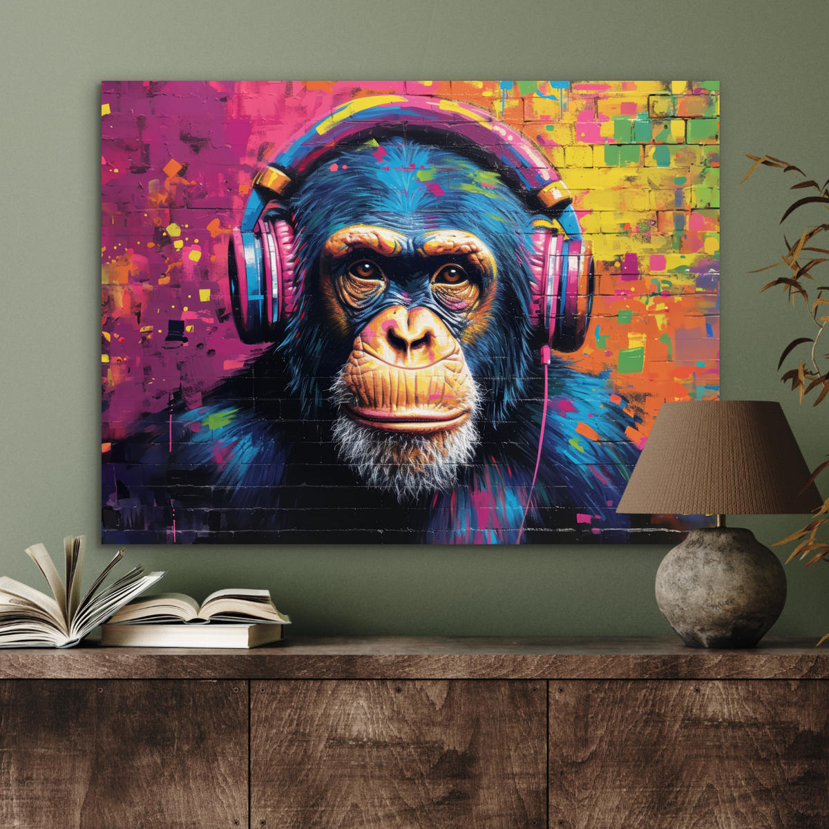 KOVOVÝ OBRAZ Graffiti - Šimpanz - Street art - Slúchadlá - Opica 80x60 cm - modrá, kov (80/60cm) - MuchoWow