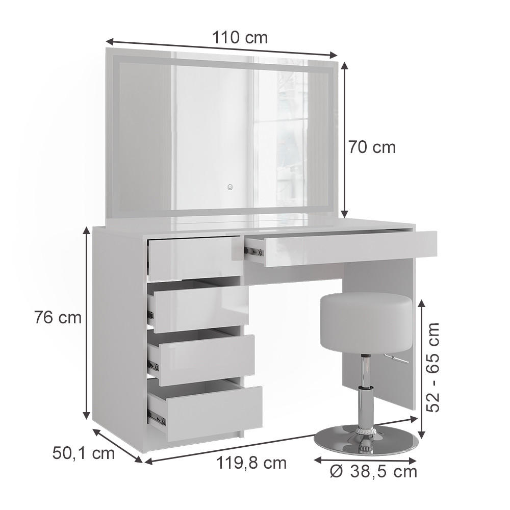 SCHMINKTISCH Sherry Weiß/Weiß Hochglanz 119.8 cm mit LED-Spiegel und Hocker - Weiß Hochglanz, Holzwerkstoff (119.8/76/50.1cm) - Vicco