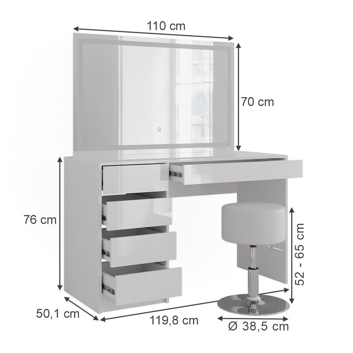 SCHMINKTISCH Sherry Weiß/Weiß Hochglanz 119.8 cm mit LED-Spiegel und Hocker - Weiß Hochglanz, Holzwerkstoff (119.8/76/50.1cm) - Vicco