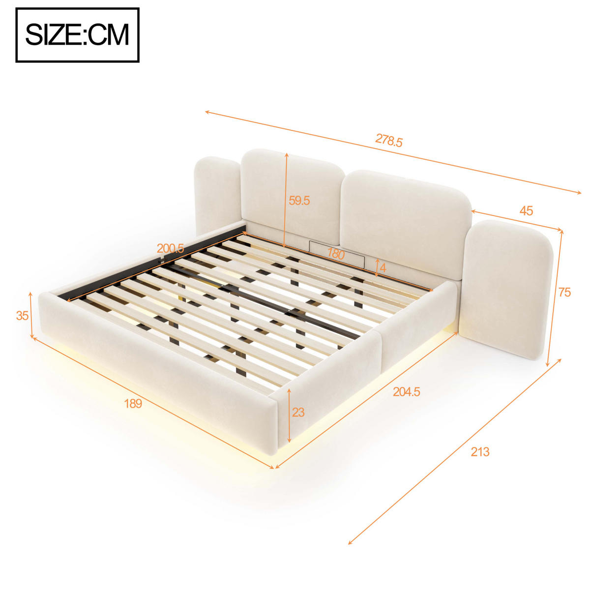 POLSTERBETT aus Samtstoff 180x200 cm Beige mit hydraulischem Bettkasten, RGB-LED und USB-C-Anschluss - Beige, Textil (180/200cm) - Modfu