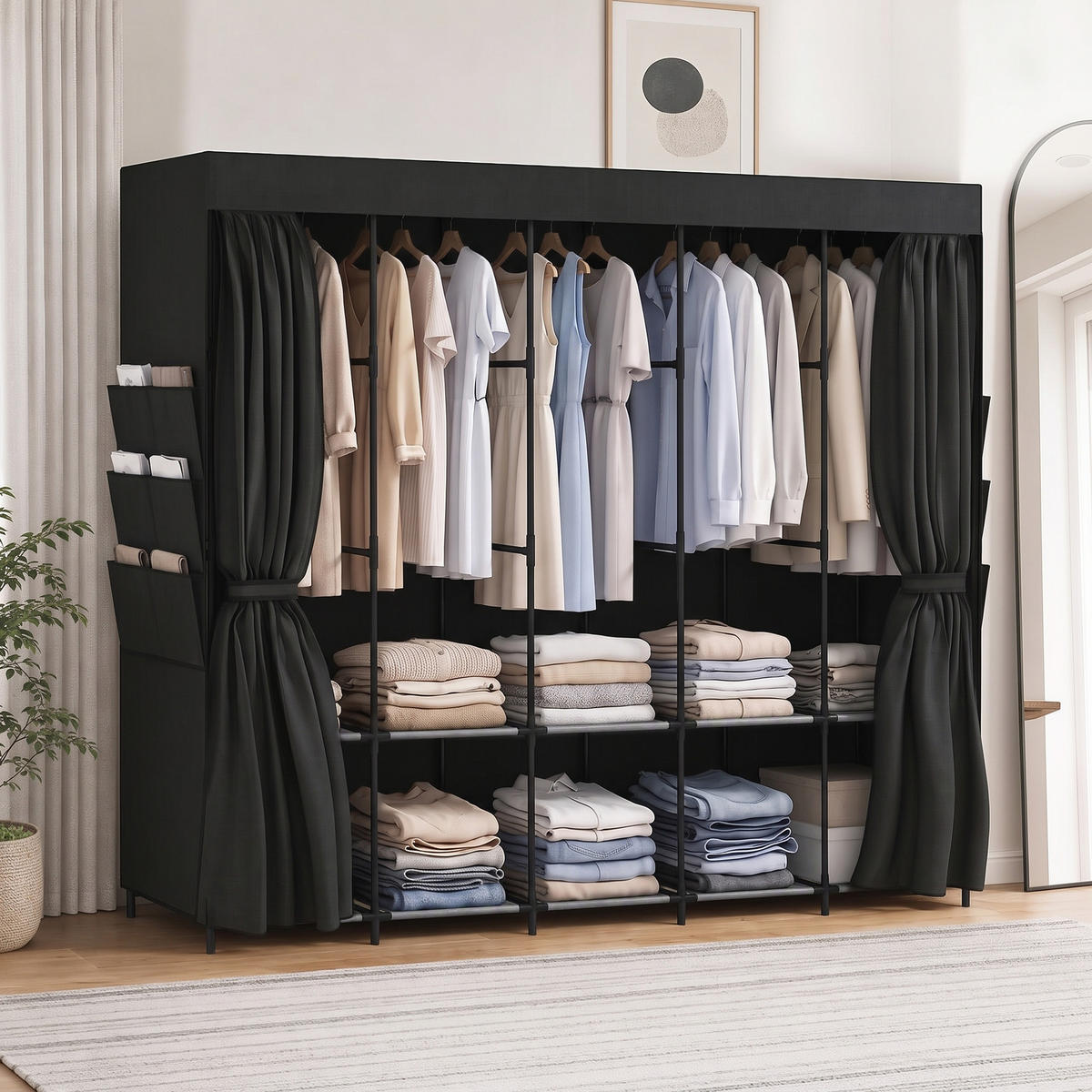 STOFFSCHRANK Stahl Vliesstoff Schwarz - Schwarz, Textil/Metall (45/167/212cm) - HOMCOM