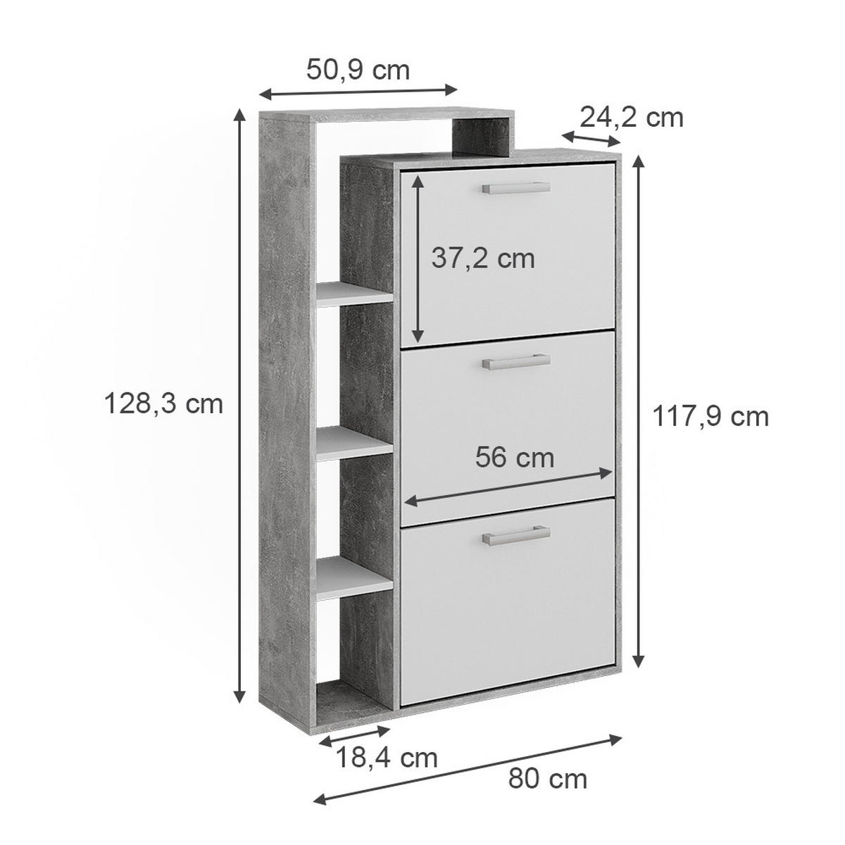 SCHUHKOMMODE Orlando Beton 80 x 128.3 cm mit 3 Fächern - Schieferfarben/Weiß, Holzwerkstoff (80/128.3/24.2cm) - Vicco