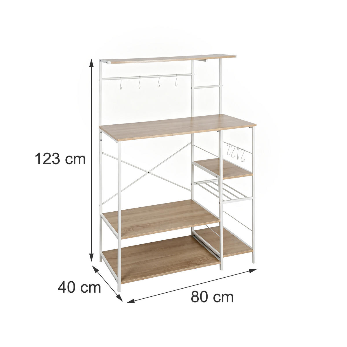 REGÁL Prírodná biela 7 políc 8 háčikov - svetlohnedá, kov/kompozitné drevo (80/123/40cm) - Relaxdays