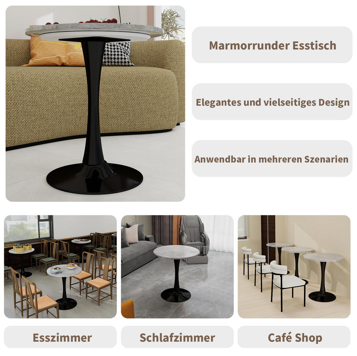 COUCHTISCH 70.1 cm schwarz/grau aus Kunstmarmor mit modernem Design - Grau, Stein (70/70/72cm) - OKMYHOME