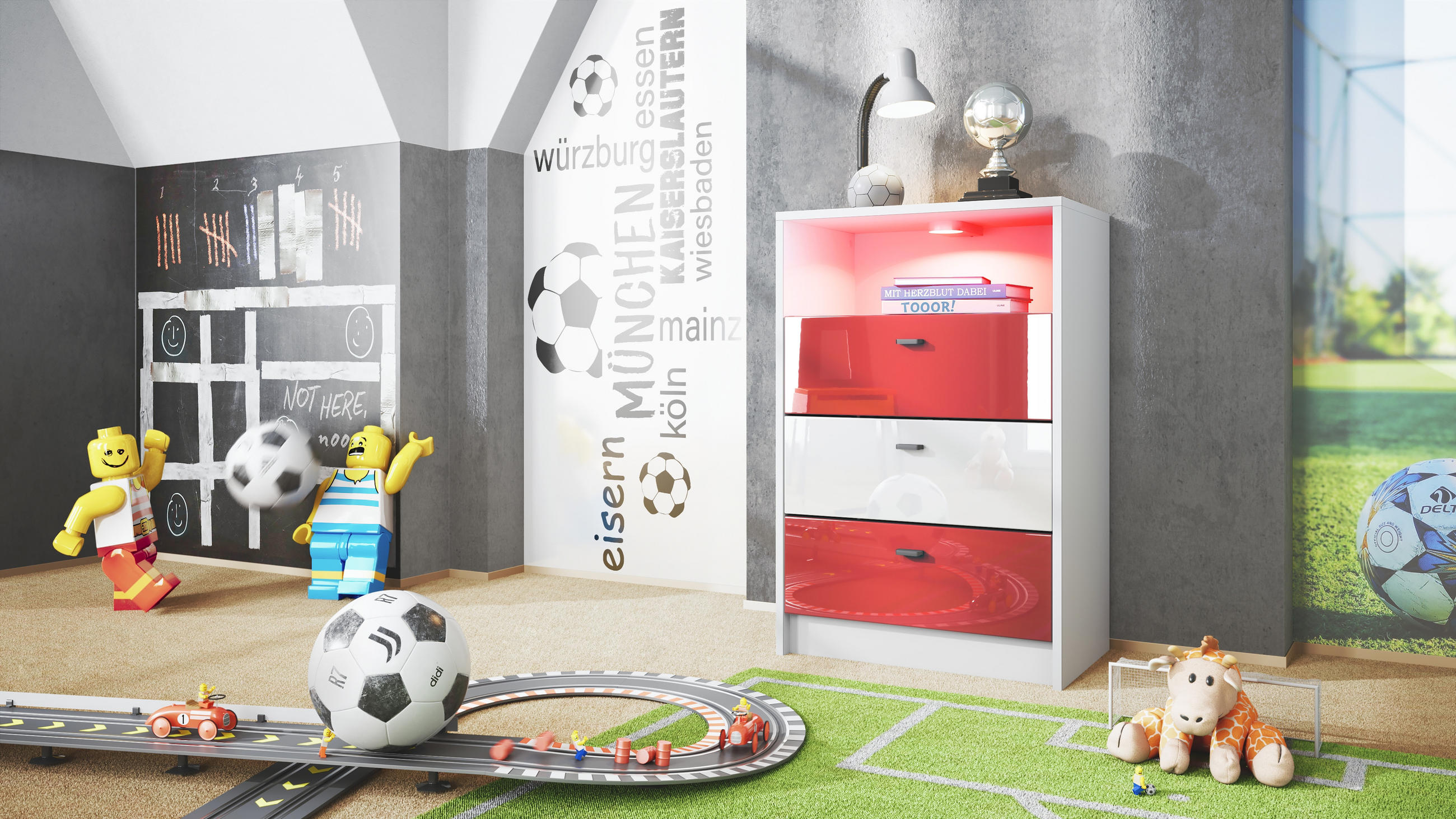 KOMMODE Pino Fronten Rot, Weiß & Rot - Weiß, Holzwerkstoff (56/86/36cm) - Vladon