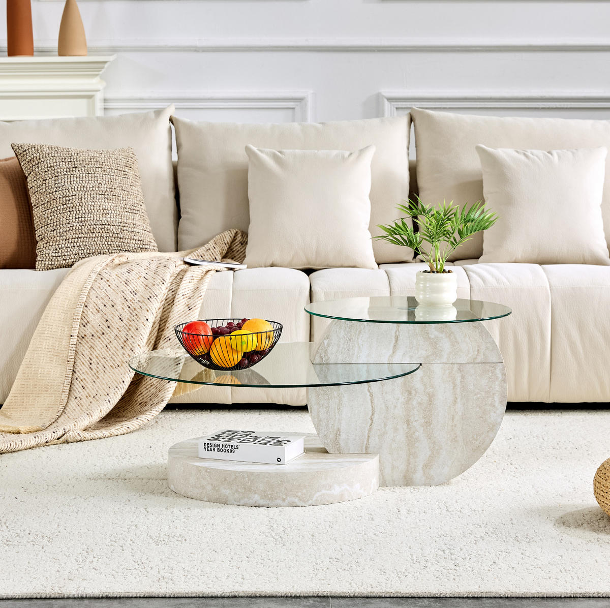 COUCHTISCH 70/70/44 cm mit Sicherheitsglas und mehrstufigen Ablagen in Steinoptik, Transparent - Transparent, Holzwerkstoff (70/70/44cm) - Redom