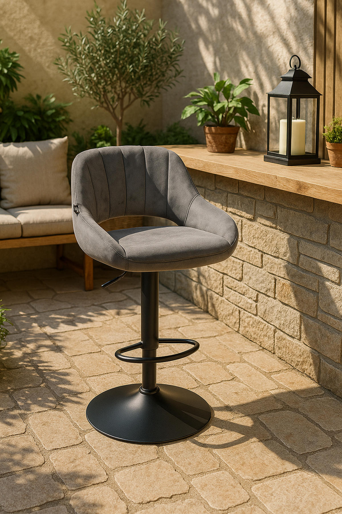 BARHOCKER 2er Set Milos Samt B dunkelgrau - Schwarz/Grau, Textil/Metall (47/106/48cm) - TPFLiving