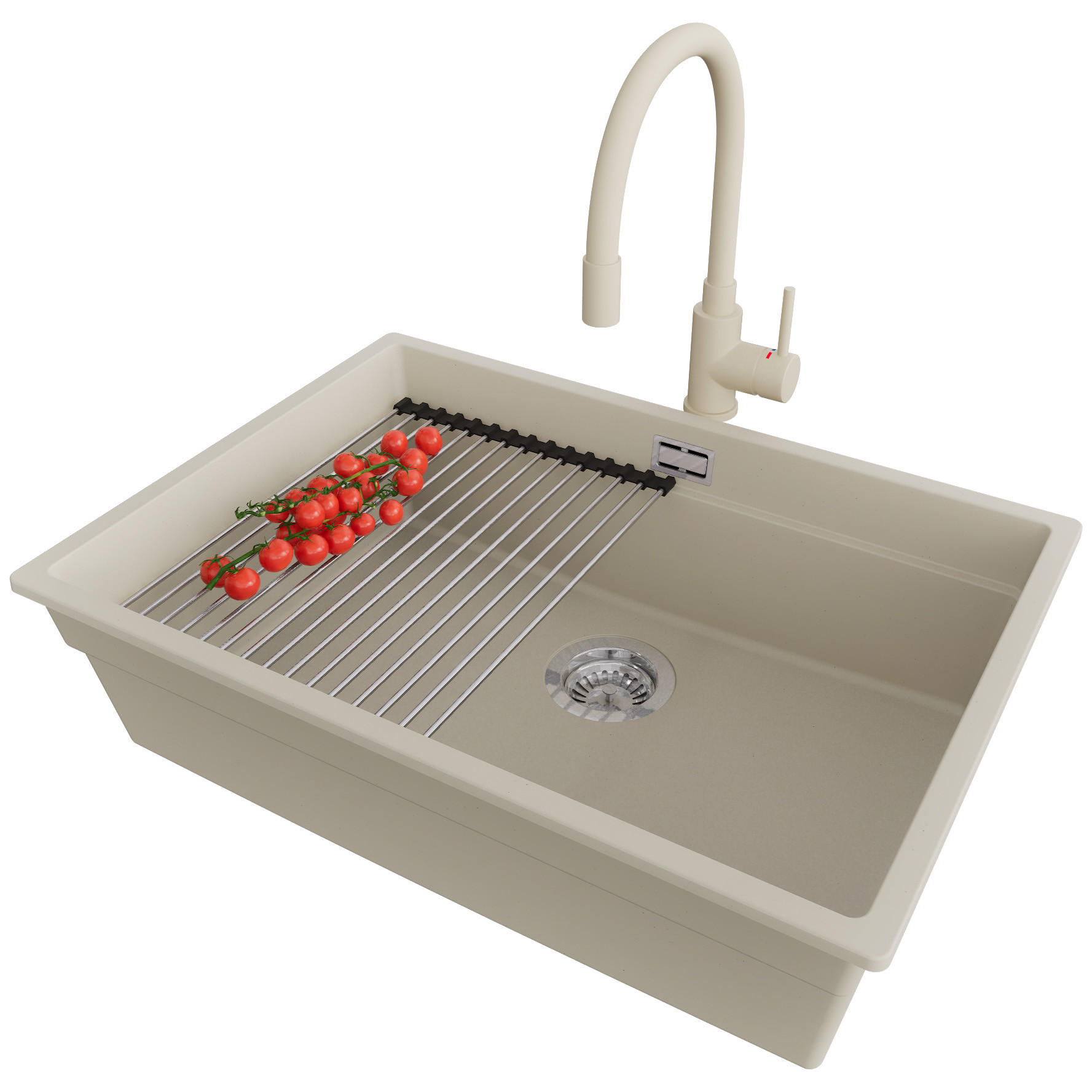 UNTERBAUSPÜLE GRANIT Praga, 2-er set Beige 66/47 cm 1 Becken + Küchenarmatur 38/14 cm + Ablauf-Set + Aufrollbare Abtropffläche ab 70er Unterschrank - Chromfarben/Beige, Kunststoff (66/20/47cm) - Primagran