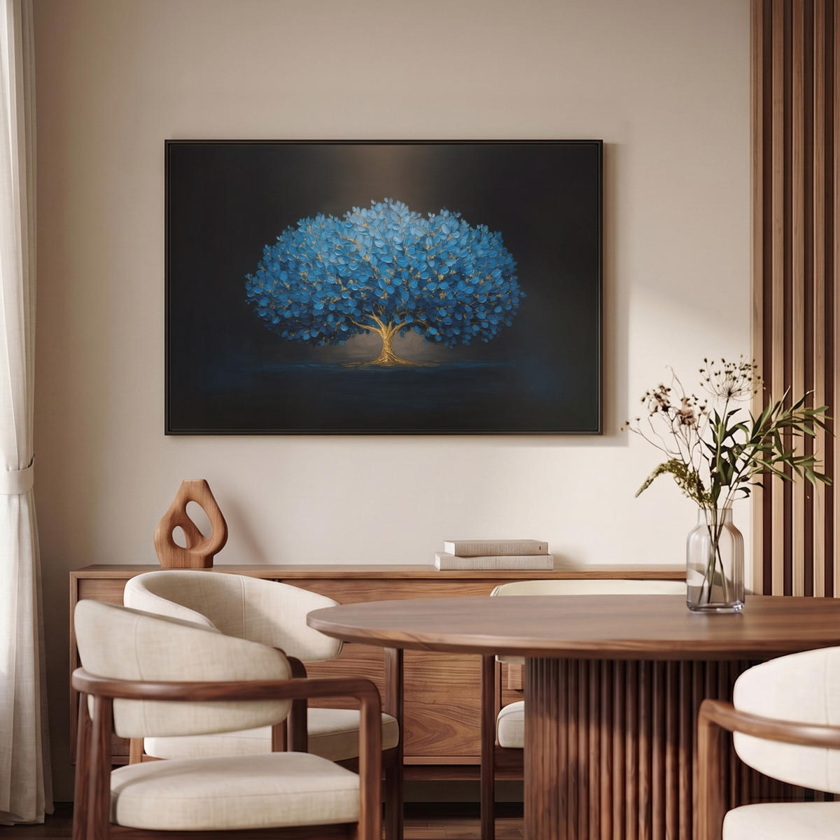 LEINWAND Bilder mit Rahmen - Baum - Blau - Blätter - Pinselstriche - 90x60 - Blau, Textil (90/60cm) - MuchoWow