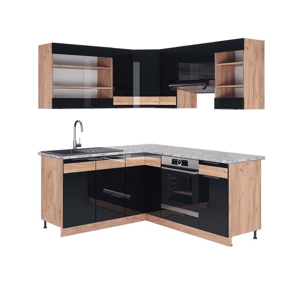 ECKKÜCHE Fame-Line Schwarz-Eiche Hochglanz/Goldkraft Eiche 160x190 cm AP Marmor - Schwarz Hochglanz/Eiche Wotan, Holzwerkstoff (190/82/60cm) - Vicco