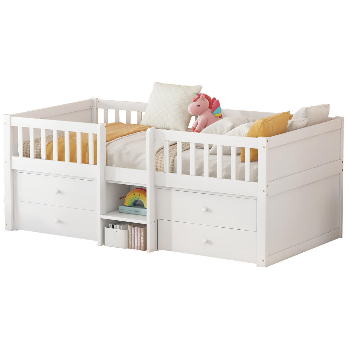 VISOKA postelja 90/200 cm bela s 4 predali, lestvijo in varovalom iz bora in MDF - bela, les (90/200cm) - OKWISH
