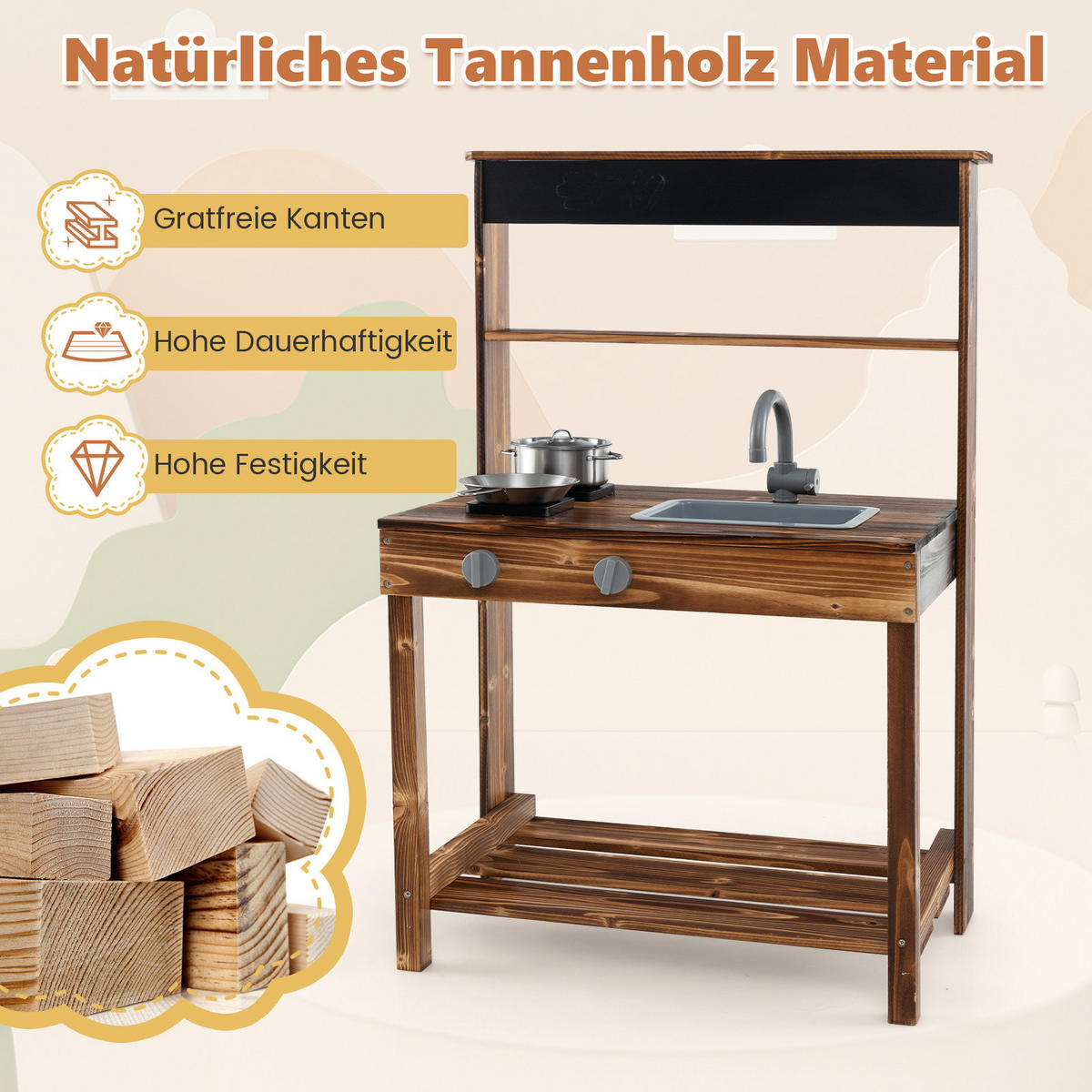 KINDERKÜCHE Outdoor Natur - Naturfarben, Holz (65/40/96cm) - COSTWAY