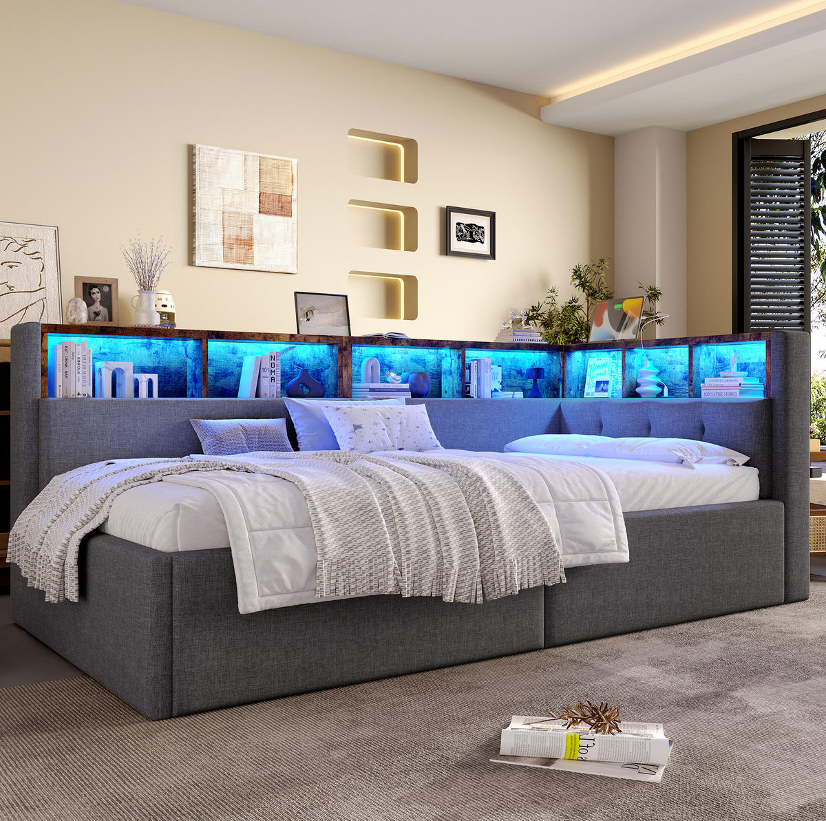 KOMFORT-POLSTERBETT 90/200 cm mit Bettkasten, LED-Beleuchtung und USB - Grau, Textil (90/200cm) - BEAOK