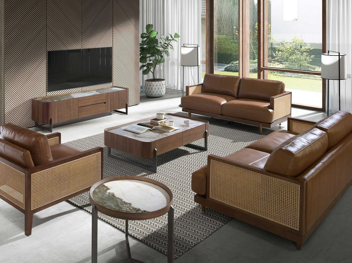 ECKTISCH Runder Couchtisch aus Porzellanmarmor, Walnuss und dunklem Metallstahl Ø62/56 cm - Walnussfarben/Weiß, Holz (62/62/56cm) - ANGEL CERDA