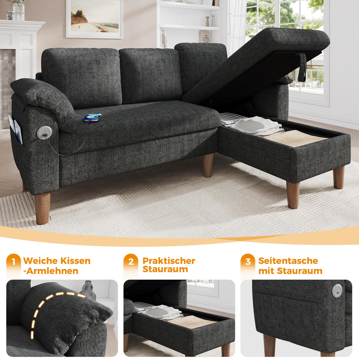 ECKSOFA 181/125/88 cm Dunkelgrau mit Stauraum-Chaiselongue und USB/Type-C-Ladeanschluss - Dunkelgrau, Textil (181/125cm) - Oxeza