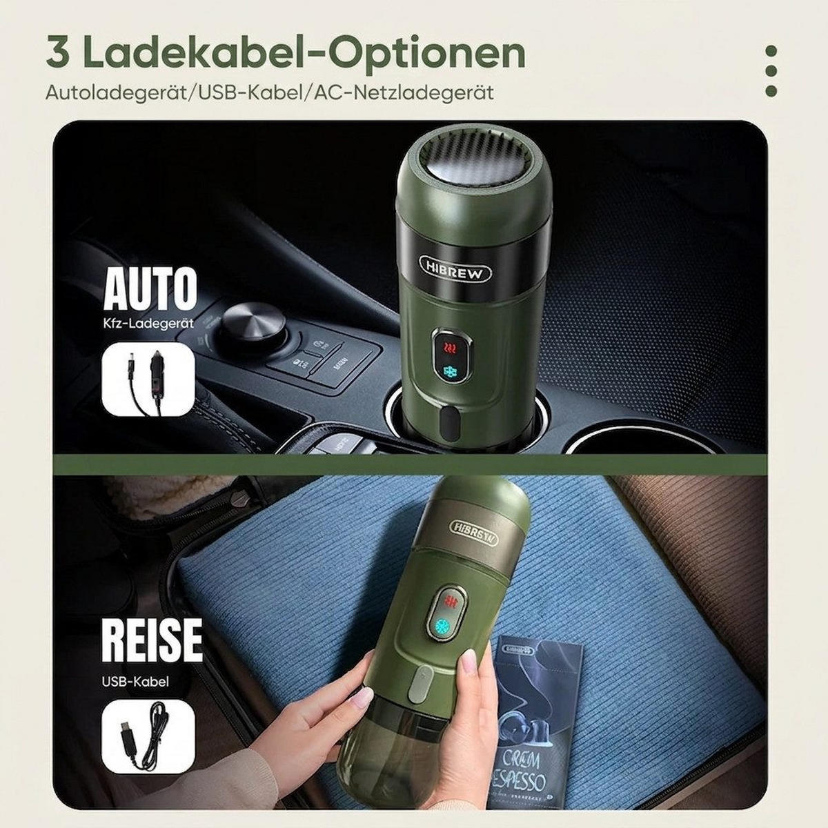 ESPRESSOMASCHINE Tragbare Auto 15 Bar 1200mAh für Auto, Reise/Camp - Grün, Metall (7.5/22/7.5cm) - BEXEVUE