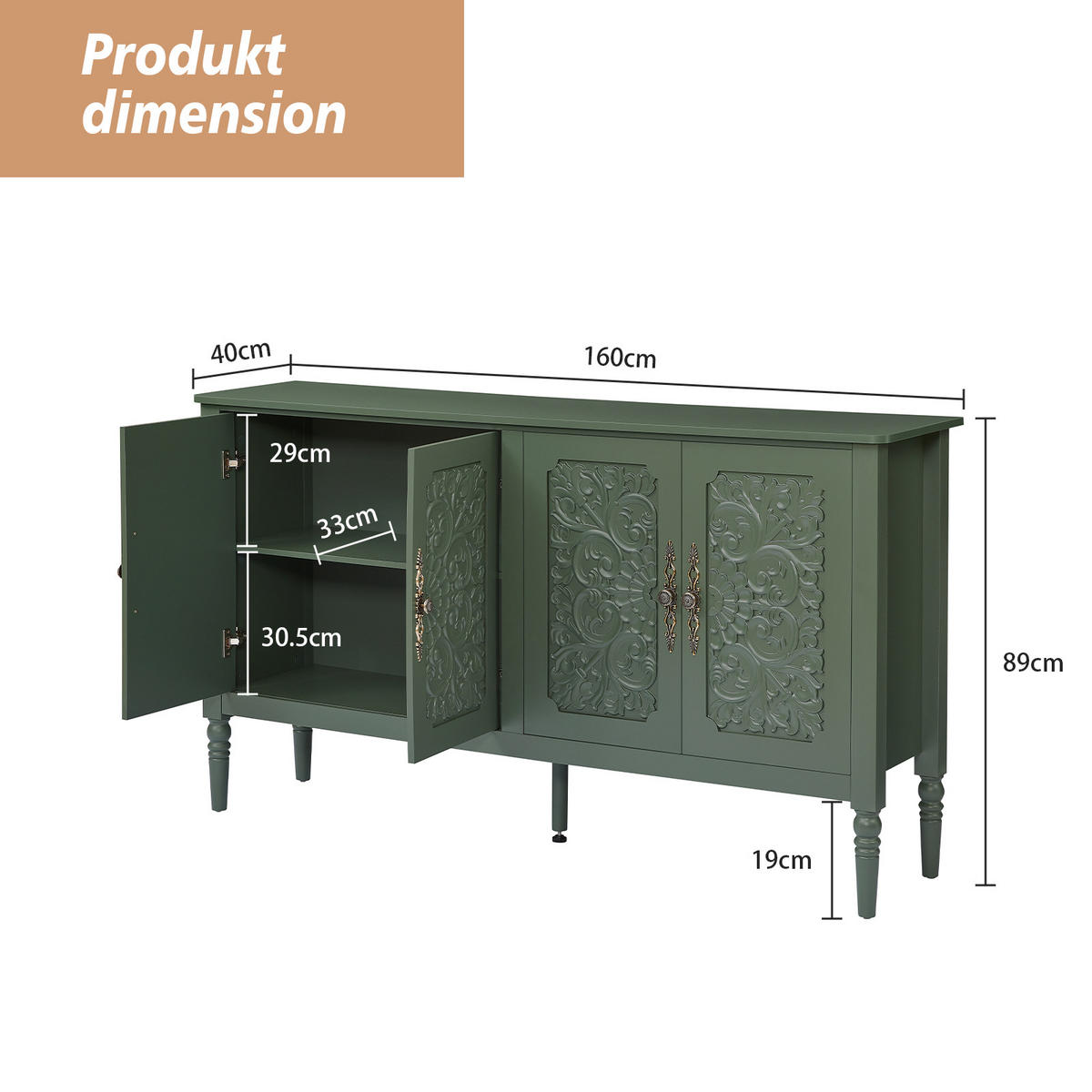 SIDEBOARD DE-38847 160/40/89 cm antike Relief-Schnitzereien Vintagegrün - Grün, Holzwerkstoff (160/89/40cm) - ComfortXL