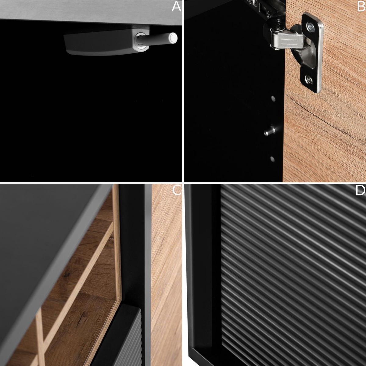 KOMMODE LOFTY Kreuzeinlage, schwarz / Eiche natur - Eichefarben/Multicolor, Holzwerkstoff (151/84/41cm) - KONSIMO®