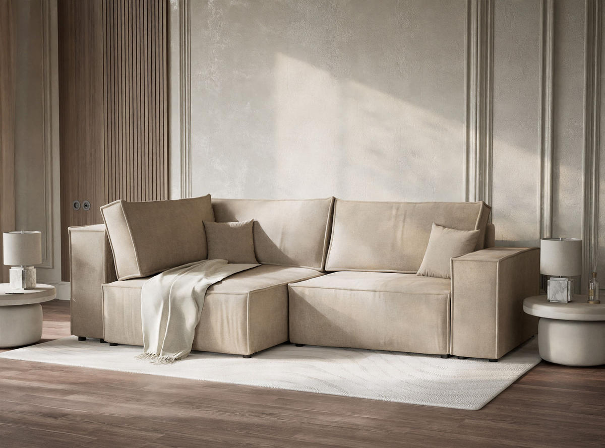 ECKSOFA MIT SCHLAFFUNKTION Tonga Beige Webstoff - Beige/Schwarz, Holz/Holzwerkstoff (105/225cm) - Maison de Reve