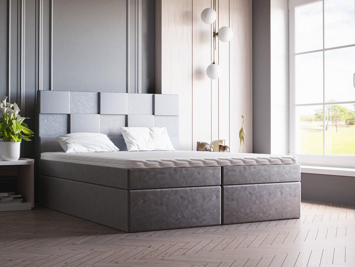 DOPPELBETT mit Matratze 140x200 Berg, Samtstoff, Bettkasten, Hellgrau - Hellgrau, Holz/Textil (140/200cm) - Emporius