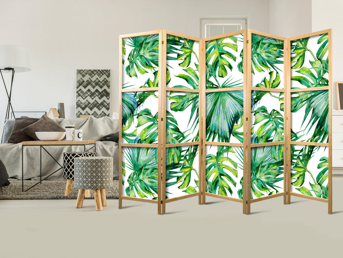 PARAVENT Japanischer 5-tlg 225x172 cm Tropische Bl tter - Grün, Holz/Textil (225/172/3cm) - Muralo