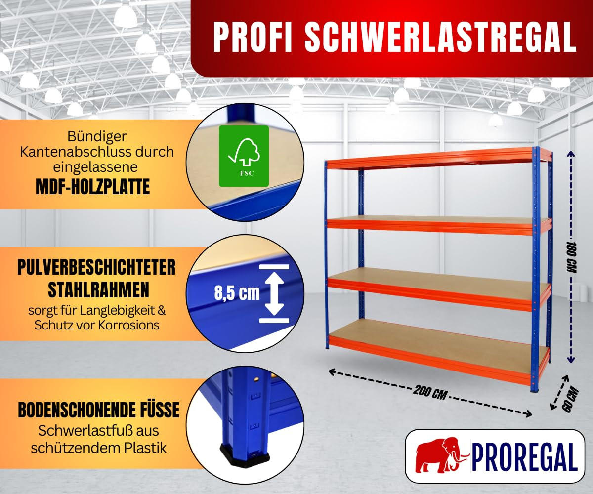 SCHWERLASTREGAL Dino 180x200x60 cm Fachlast 500 kg Blau/Orange - Orange, Metall (200/180/60cm) - PROREGAL