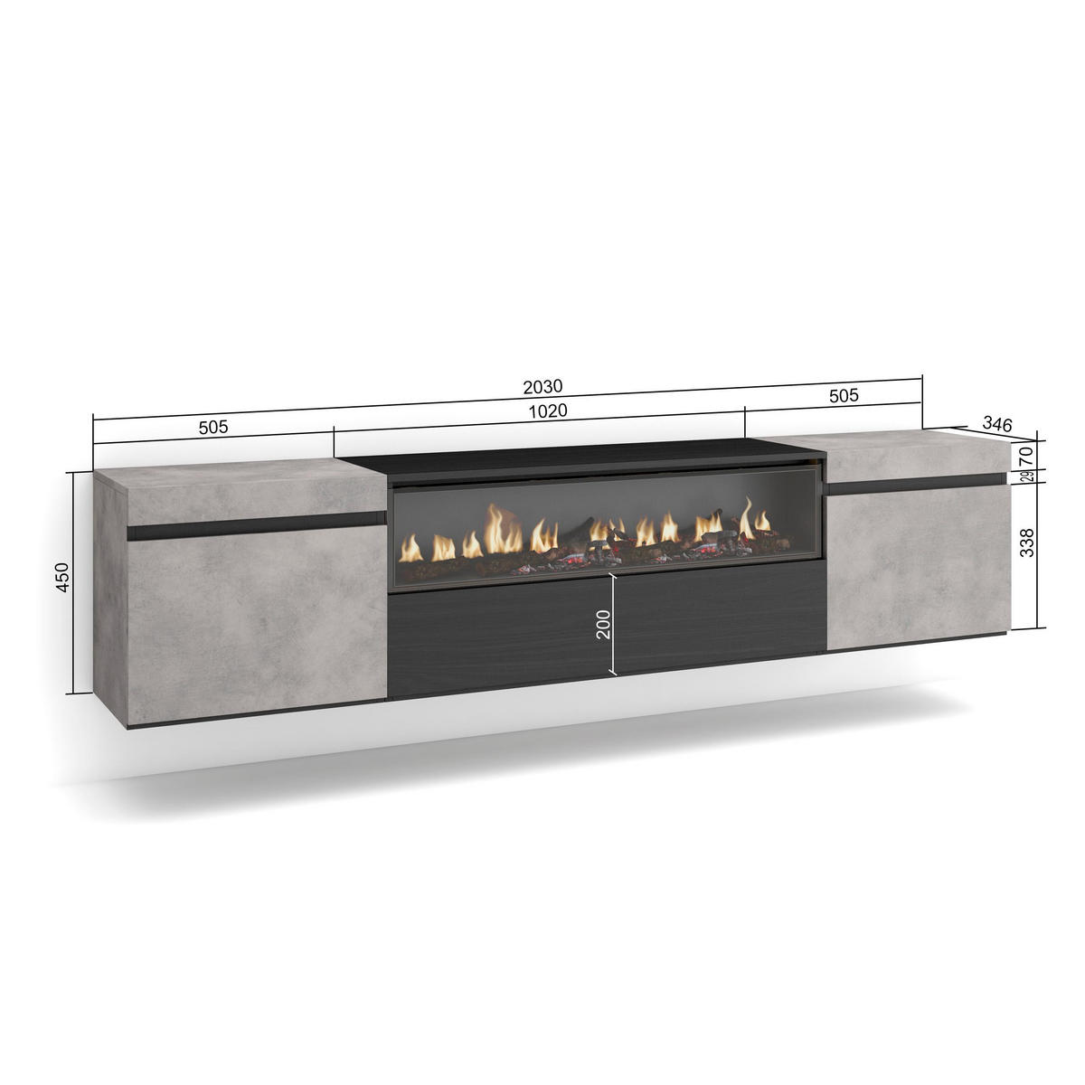 TV-SCHRANK zementgrau, mit Elektrokamin, Hängend, 200/35/45cm - Hellgrau, Holzwerkstoff (200/45/35cm) - Skraut Home