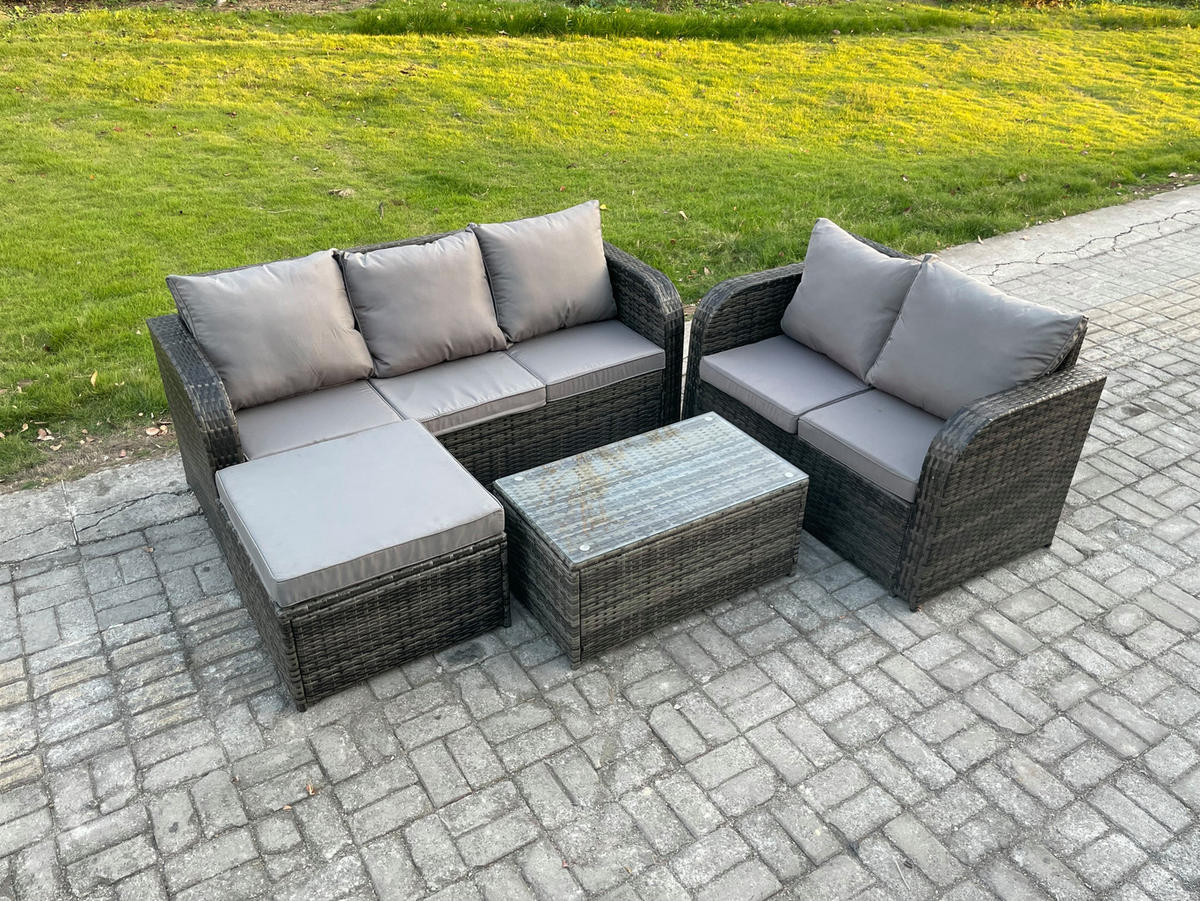 GARTENMÖBELSET mit Couchtisch Polyrattan 6-Sitzer - Dunkelgrau/Grau, Glas/Kunststoff - Fimous