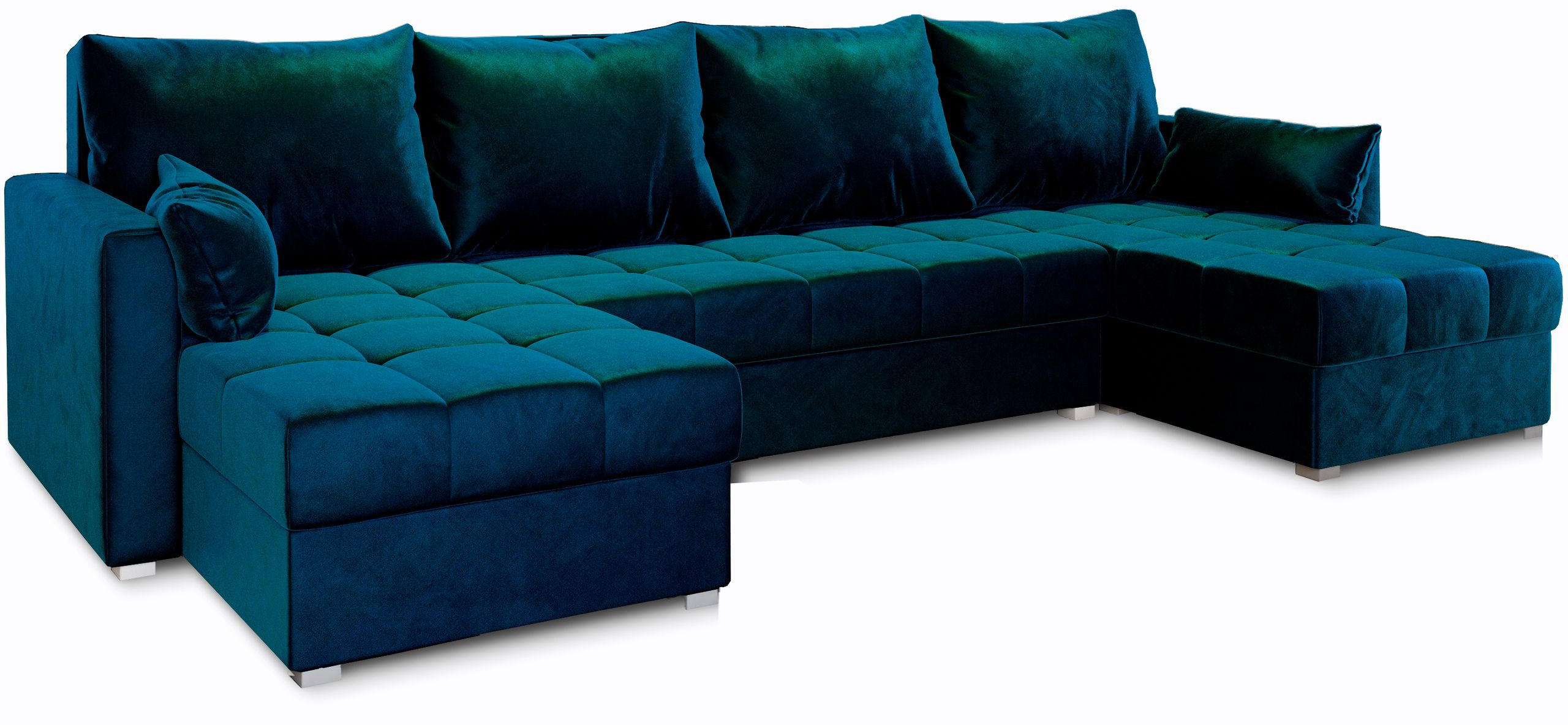 WOHNLANDSCHAFT NAKO Blau Plüsch-Stoff mit Schlaffunktion - Blau, Holz (285/85/140cm) - MASSENO