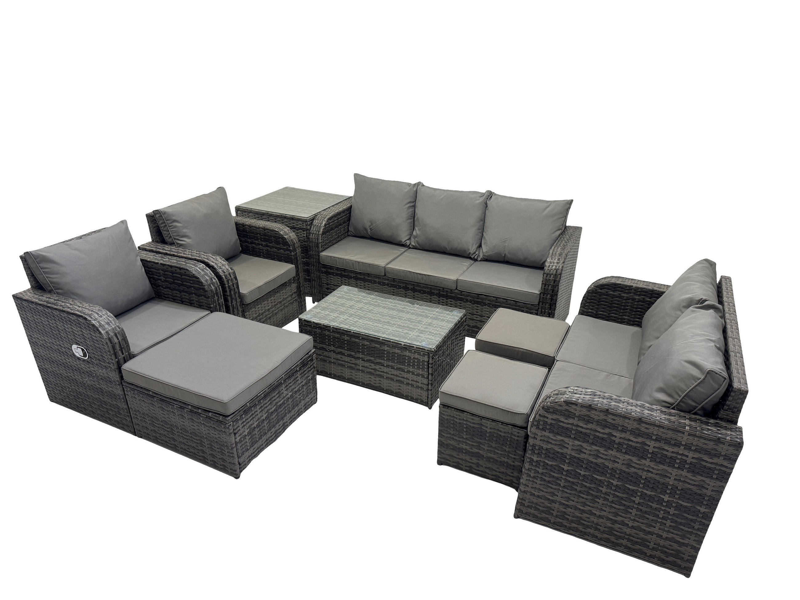 GARTENMÖBELSET mit Couchtisch Polyrattan 10-Sitzer - Dunkelgrau/Grau, Glas/Kunststoff - Fimous