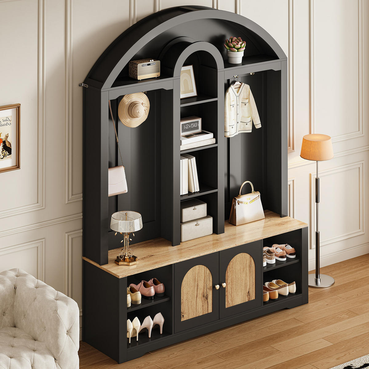 GARDEROBE Flur geschwungenes Design offene Regale LED Hakenleiste multifunktionaler Stauraum - Schwarz, Holzwerkstoff/Metall (150/195/40cm) - EVRYAE