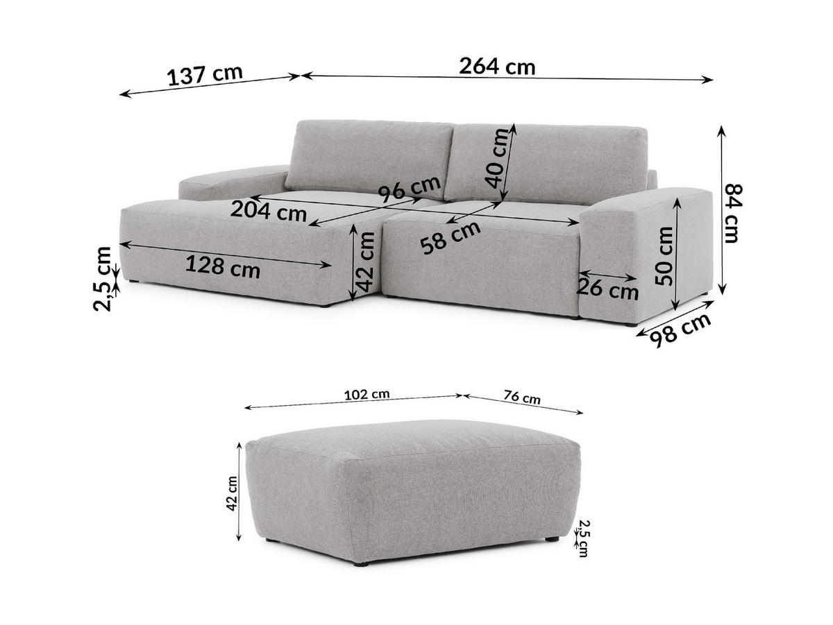 ECKSOFA inkl. Hocker Lennon aus Hellgrau Strukturstoff mit Schlaffunktion und Bettkasten - Hellgrau/Schwarz, Holz/Kunststoff (137/264cm) - S-Style