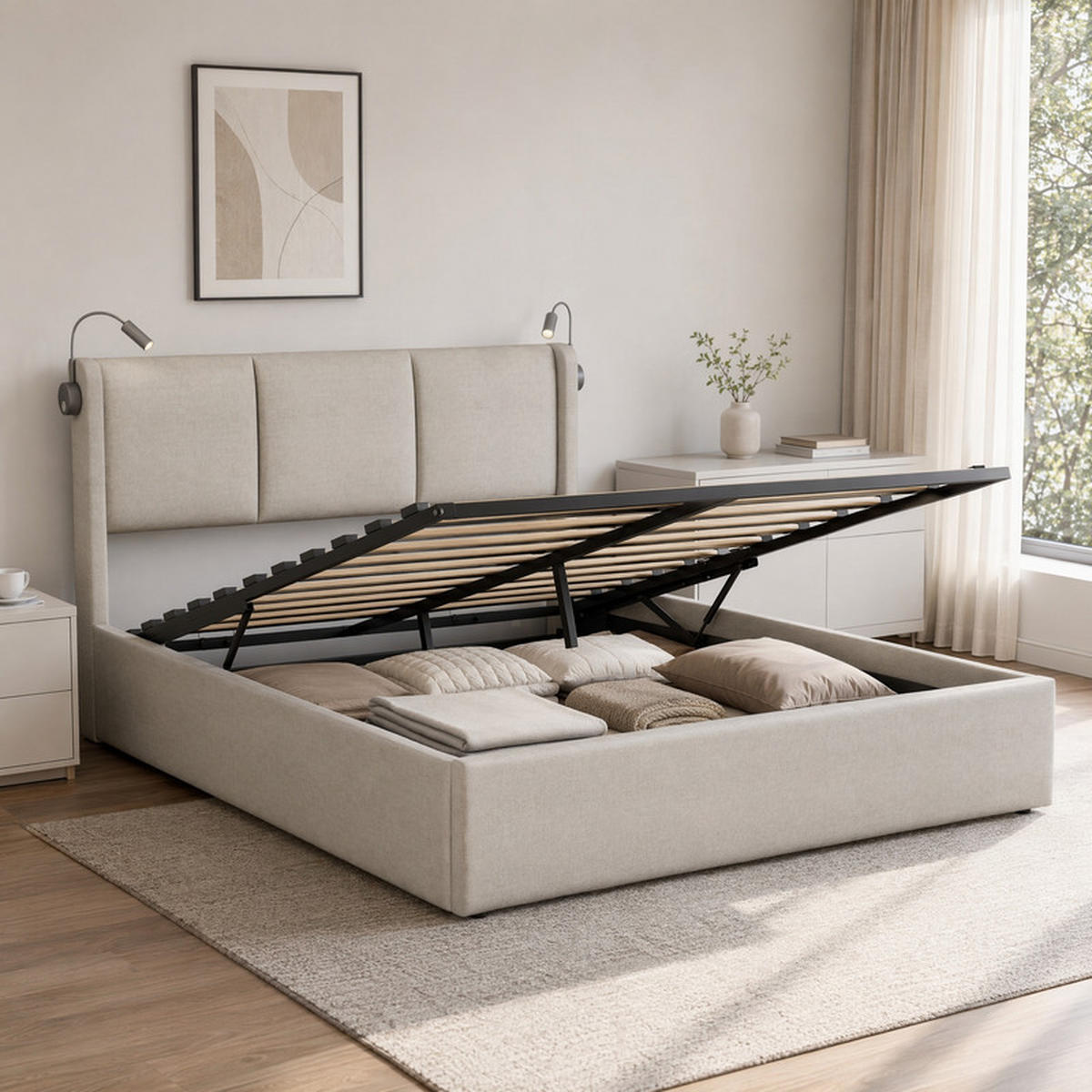 POLSTERBETT 160x200 cm Beige Leinen LED Gaslift Bettkasten - Beige, Holz (160/200cm) - SHOPENTRA